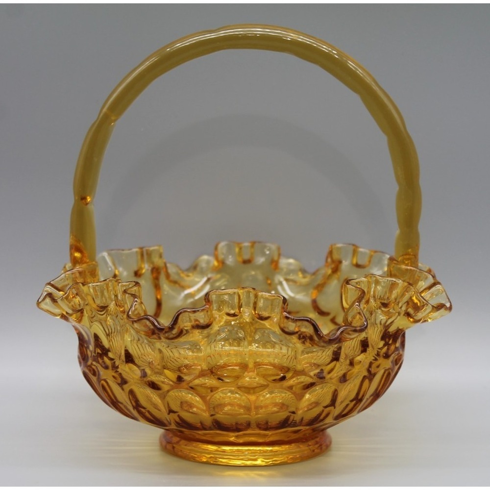 Vintage Fenton Colonial Amber Glass Thumbprint Basket Ruffle Edge Applied Handle